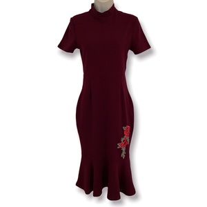 MIDI MERMAID DRESS - BURGUNDY - FLORAL EMBROIDERY DETAILING